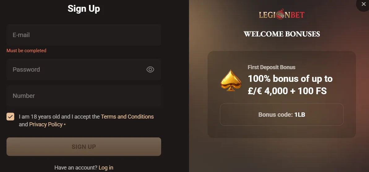 LegionBet Casino registration and account sign-up process